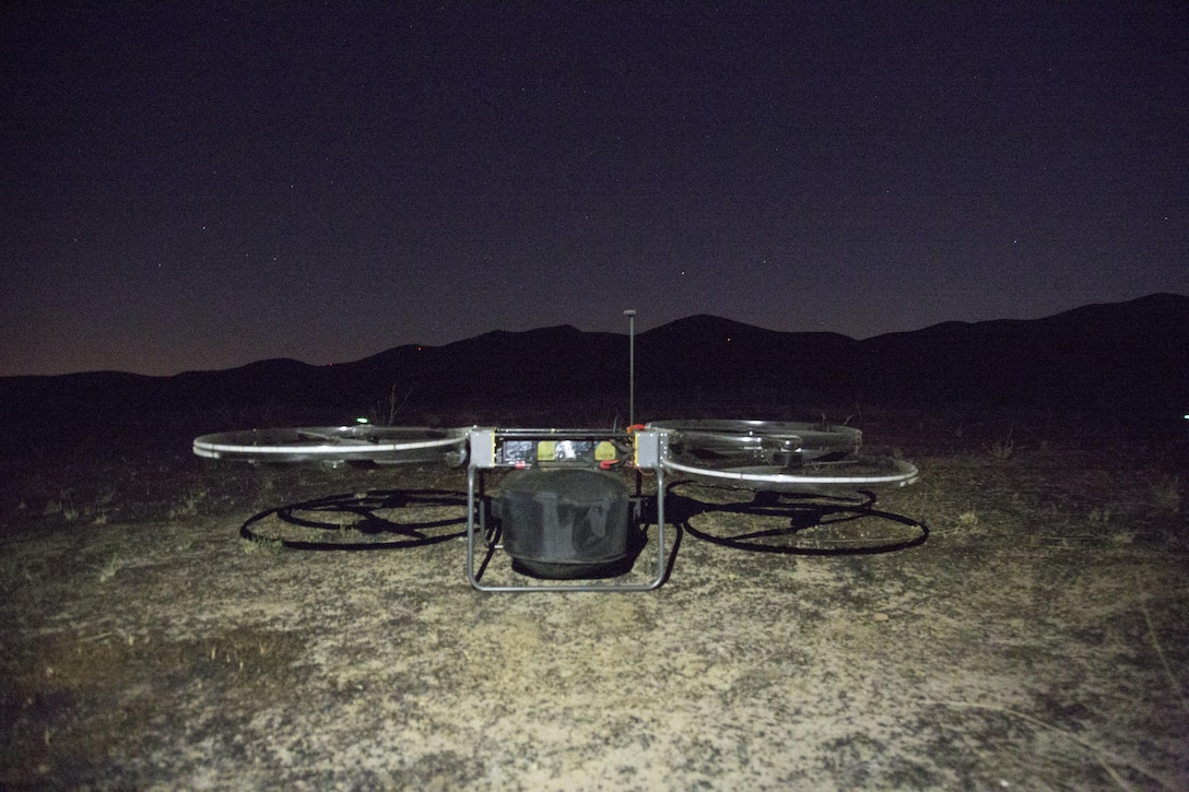 A Joint Tactical Aerial Resupply Vehicle (JTARV) goes through pre-flight checks at a launch site during 1st Marine Raider Support Battalion, U.S. Marine Corps Forces, Special Operations Command, training readiness exercise aboard Marine Corps Base Camp Pendleton, Calif., July 11, 2017. The JTARV, which is in the developmental phase, is a lightweight autonomous vehicle that provides an aerial resupply capability for immediate support to operational units. It was being tested as a resupply platform for machine-gun sustainment training with a cargo unmanned logistics system (C-ULS) during their TRX.