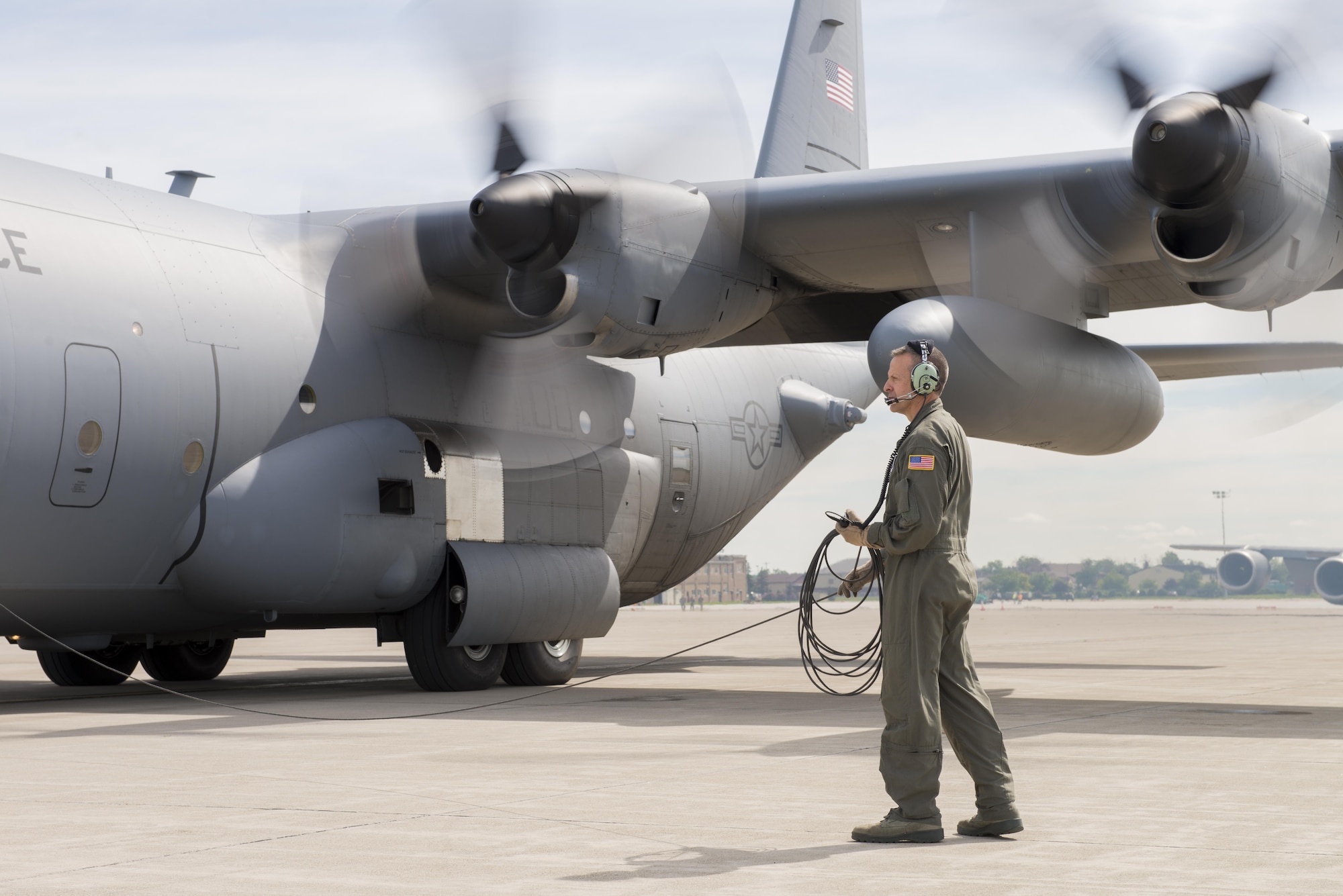 Senior Master Sgt. Eric Hady, 328th Air Refueling Squadron, prepares for the final departure of the last remaining C-130 Hercules from Niagara Falls Air Reserve Station, N.Y., July 26, 2017. This is a significant stage in the process of transition for the 914th, from an Airlift Wing to an Air Refueling Wing. (U.S. Air Force photo by Steph Sawyer)