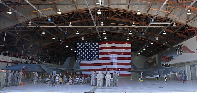 U.S. Air Force members from the 173rd Fighter Wing and 550th Fighter Squadron,gather for the official activation ceremony of the 550th Fighter Squadron, July 21, 2017, at Kingsley Field, in Klamath Falls, Oregon. The active duty Air Force detachment based out of Kingsley Field, previously Detatchement 2, is now officially designated as the 550th Fighter Squadron. 550th Fighter Squadron members will continue to fall under the command of the 56th Operations Group at Luke Air Force Base, Arizona. (U.S. Air National Guard photo by Staff Sgt. Penny Snoozy)