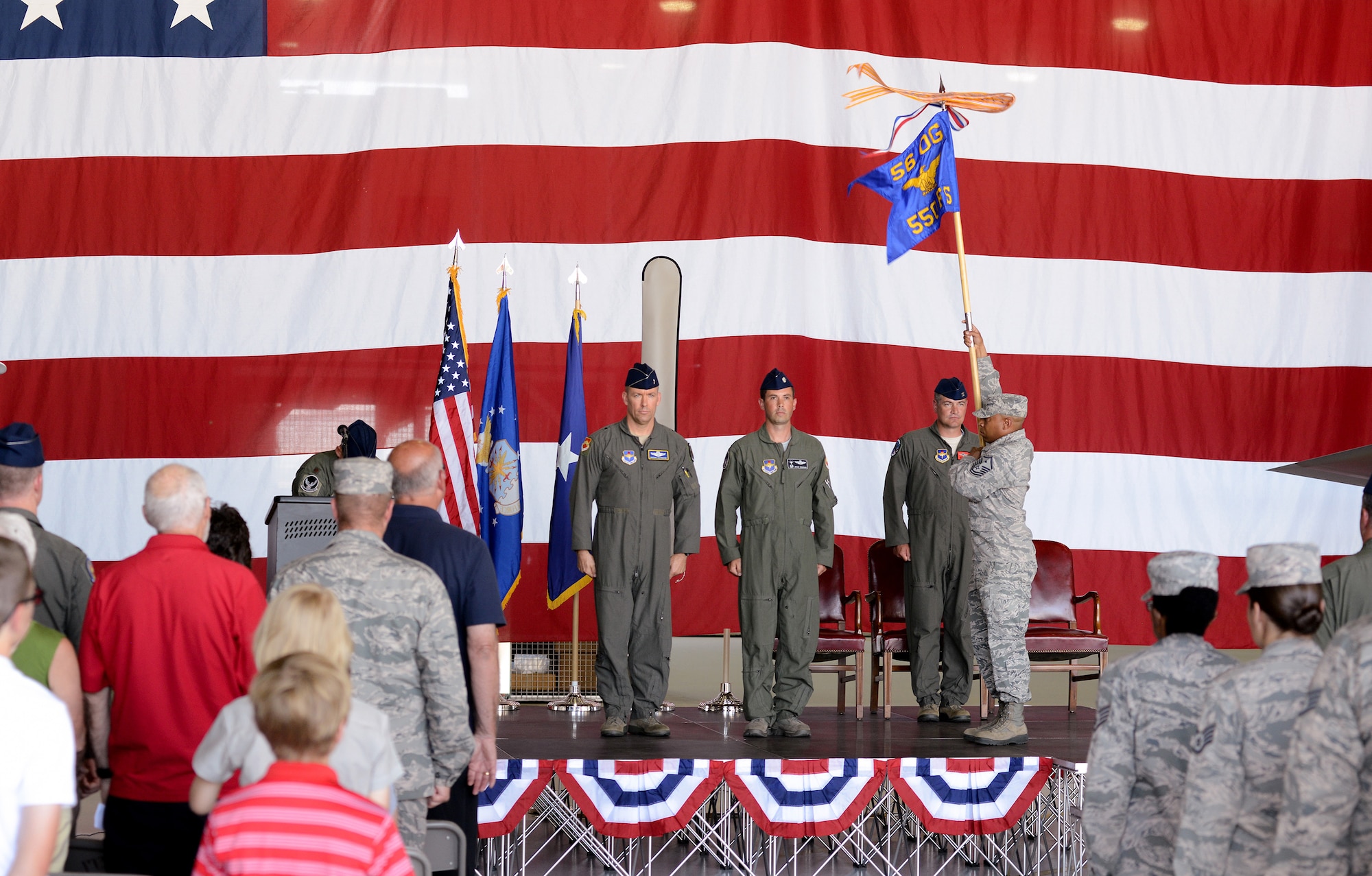 U.S. Air Force members from the 173rd Fighter Wing and 550th Fighter Squadron stand at attention as the new 550th FS guideon is presented during an activation ceremony, July 21, 2017, at Kingsley Field in Klamath Falls, Oregon. The active duty Air Force detachment based out of the Kingsley Field, previously known as Detachment 2, is now officially designated as the 550th Fighter Squadron. 550th Fighter Squadron members will continue to fall under the command of the 56th Operations Group at Luke Air Force Base, Arizona. (U.S. Air National Guard photo by Staff Sgt. Penny Snoozy)