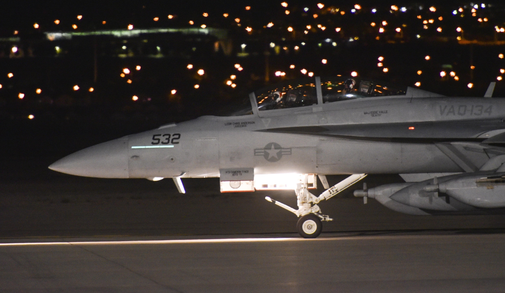 An EA-18G Growler with the Electronic Attack Squadron 134, Naval Air Station Whidbey Island, Wash., taxis down the flightline at Nellis Air Force Base, Nev., during Red Flag 17-3, July 14, 2017. The Growler is the fourth major variant of the F/A-18 family of aircraft and combines the proven F/A-18F Super Hornet platform with a sophisticated electronic warfare suite. (U.S. Air Force photo by Senior Airman Dustin Mullen/Released)