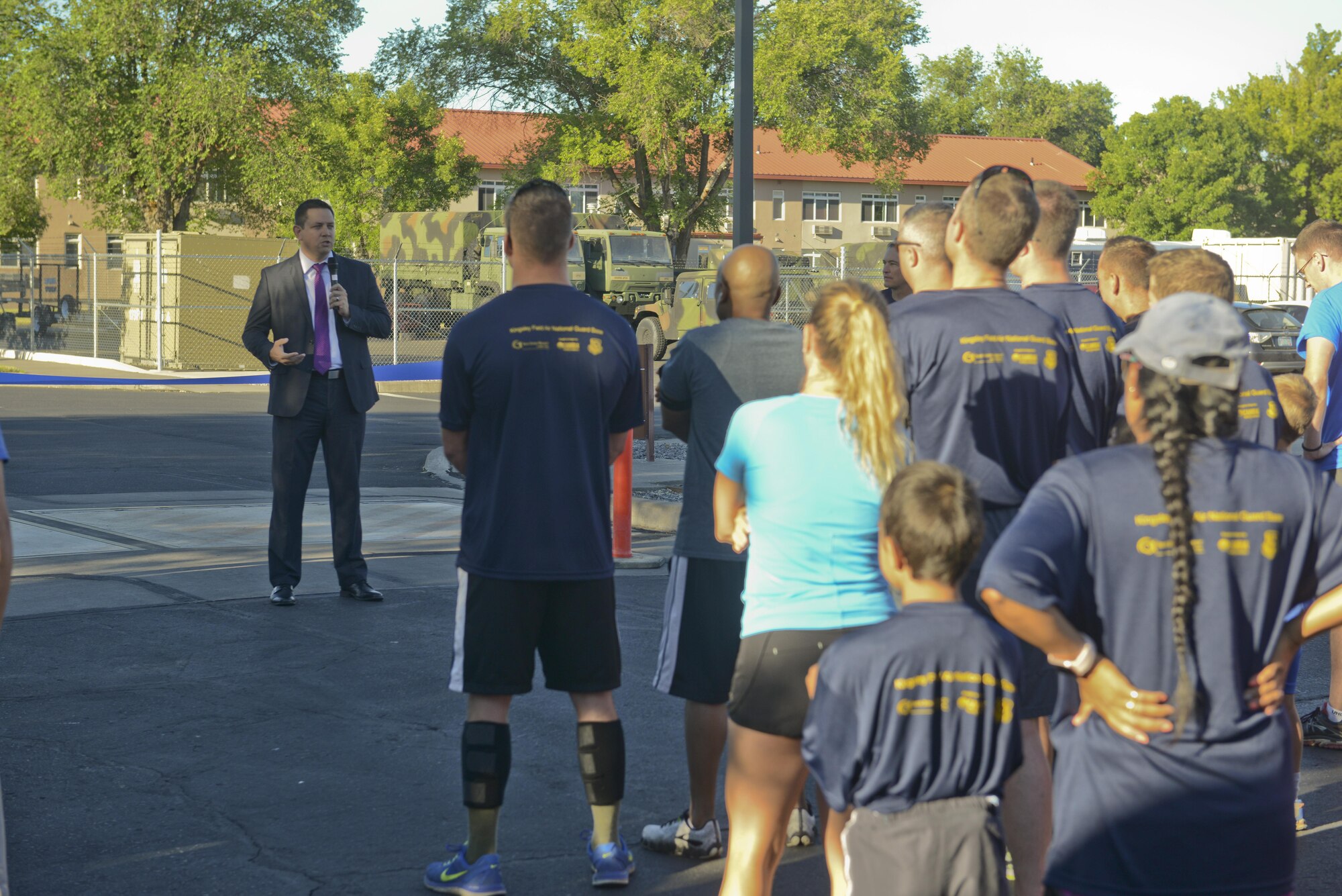 Klamath County Commissioner Derrick DeGroot speaks to runners at the Klamath Falls Blue Zones Project ribbon cutting ceremony and Sentry Eagle 5K run/walk July 20, 2017, at Kingsley Field in Klamath Falls, Ore. The ribbon cutting ceremony designated Kingsley Field as a Blue Zones Project Approved Worksite and was followed by the Sentry Eagle 5K run/walk. The Blue Zones Project encourages changes in communities that lead to healthier options. (U.S. Air National Guard photo by Staff Sgt. Riley Johnson)