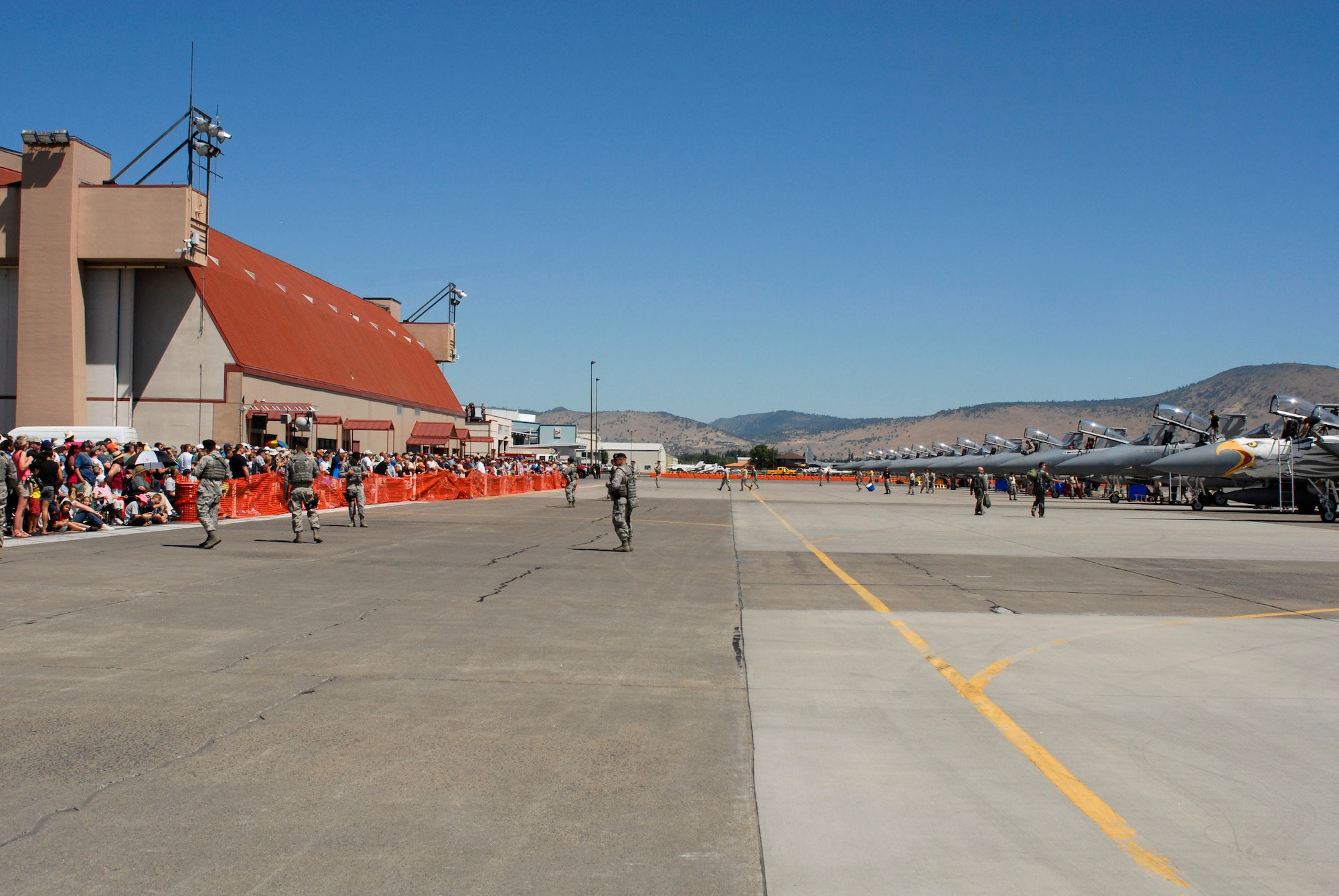 Crowds gather at the flightline to view flight operations during the Sentry Eagle Open House held July 22, 2017 at Kingsley Field in Klamath Falls, Oregon.  Sentry Eagle is a four day large force exercise that brings together different aircraft and units from around the country for dissimilar air combat training.  Additionally, the wing opens its gates to the public for a day during their biennial open house.  (U.S. Air National Guard photo by Master Sgt. Jennifer Shirar)