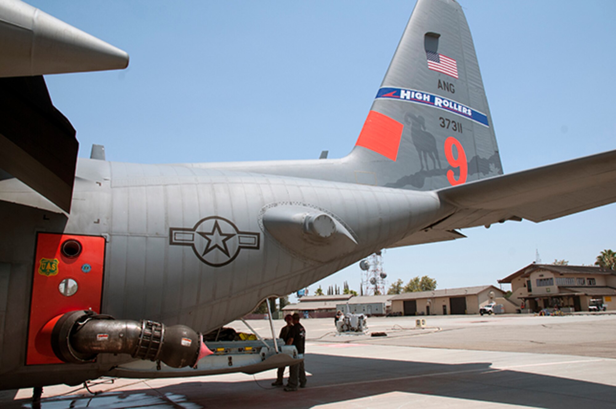 The 152nd Airlift Wing sent retardant from the Fresno Air Attack Base flightline to fire lines in the Sierra. This "after" photo of the first-ever 152nd Airlift Wing retardant drop with one of its own airplanes on July 22, 2017.