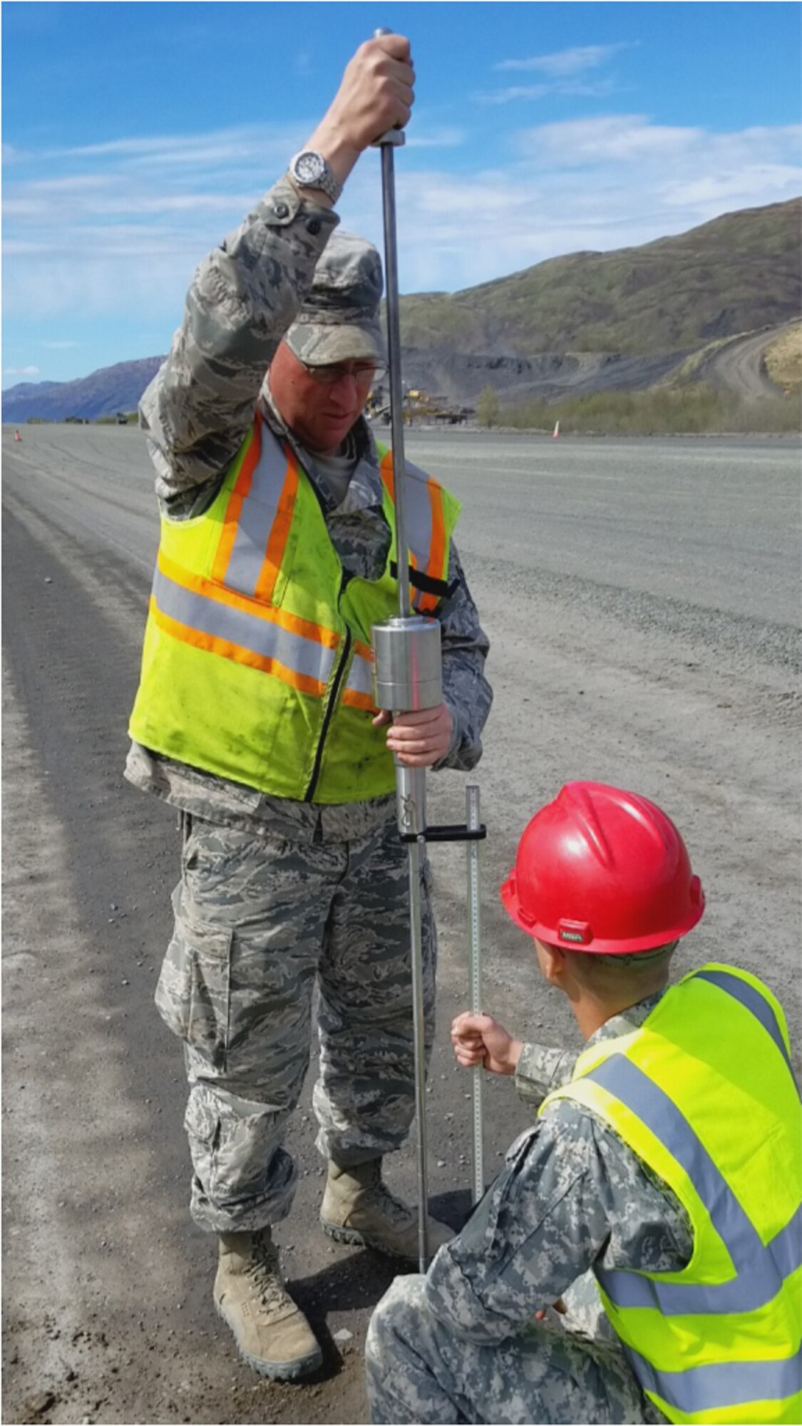 U.S. Air Force Tech. Sgt. Jeremiah Shelton, the 773rd Civil Engineer Squadron pavement and equipment NCO in charge, uses a dynamic cone penetrometer during Innovative Readiness Training (IRT), June 2, 2017, in Old Harbor, Alaska. IRT’s are projects that help benefit a community while also allowing military members to get necessary training. (Courtesy photo) 