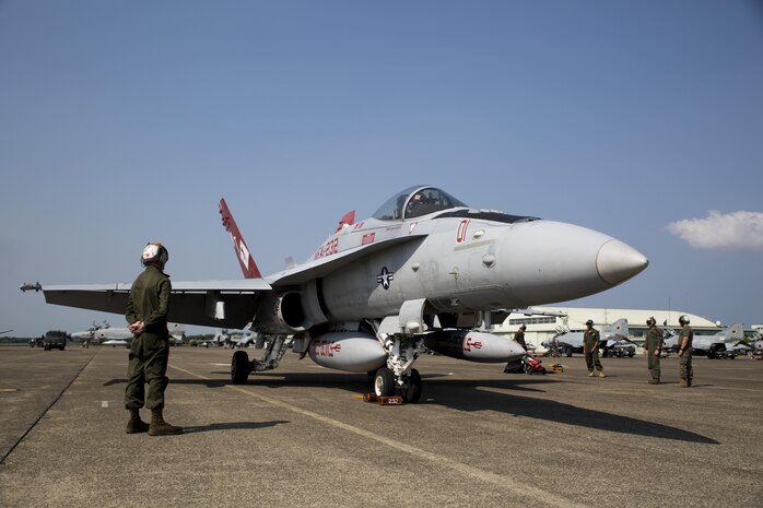 A U.S. Marine Corps F/A-18C Hornet with Marine Fighter Attack Squadron (VMFA) 232  is prepared for takeoff at Japan Air Self-Defense Force (JASDF) Hyakuri Air Base, Japan, July 10, 2017. VMFA-232 is conducting exercises with the JASDF as part of the Aviation Training Relocation program. This is the first time that VMFA-232 has been to JASDF Hyakuri Air Base, which gives the local Japanese forces the ability to simulate air-to-air maneuvers with an unfamiliar squadron. (U.S. Marine Corps photo by Lance Cpl. Mason Roy)