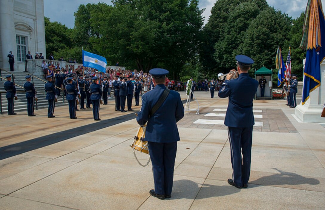 Here are MSgts Rarick and Kucharski with the Ceremonial Brass performing at the traditional wreath laying during Argentine Air Force Chief of Staff Brig. Gen. Enrique Amrein's visit.( U.S. Air Force photos/MSgt. Lee Osberry/released)