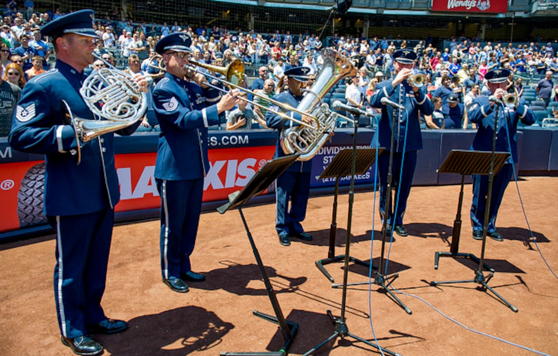 On July 4, the Ceremonial Brass Quintet performed the National Anthem at the Yankees game. (U.S. Air Force photos/Airman 1st Class Gabrielle Spalding/released)