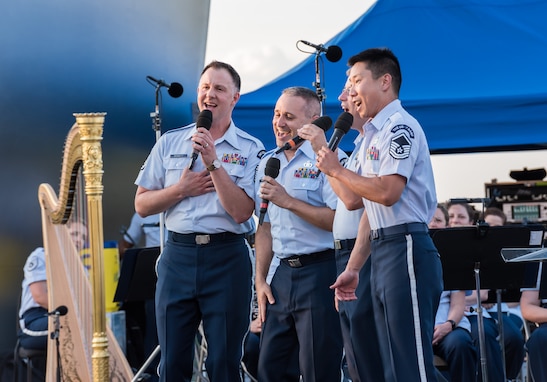 A male vocal quartet from the Singing Sergeants takes the stage during the concert on July 4th at the Air Force Memorial.