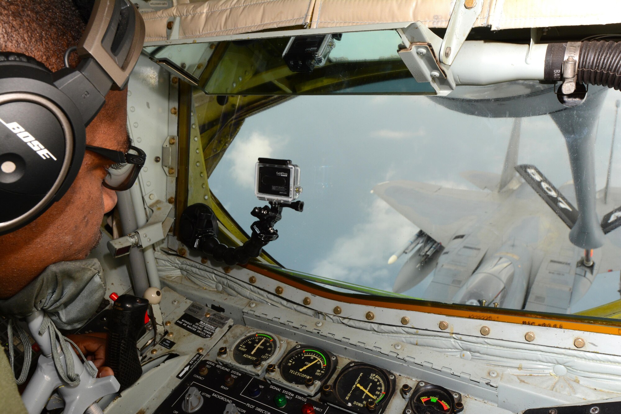 Reserve Citizen Airman Tech. Sgt. Bobby Jackson, boom operator with the 465th Air Refueling Squadron at Tinker Air Force Base, Okla., delivers fuel to an F-15C Eagle from RAF Lakenheath, England, July 19, 2017. In a long-standing total force partnership between Air Force Reserve Command and U.S. Air Forces in Europe, members of the 507th Air Refueling Wing are supporting Operation Atlantic Resolve and augmenting the 100th Air Refueling Wing here July 1-29, 2017. (U.S. Air Force photo/Tech Sgt. Lauren Gleason)