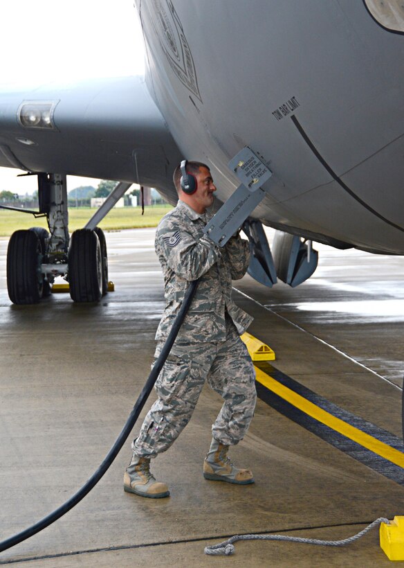 Tech. Sgt. Clarence White, 507th Maintenance Squadron, Tinker Air Force Base, Okla., prepares a KC-135R Stratotanker for flight July 19, 2017, at RAF Mildenhall, England. Citizen Airmen, along with their KC-135s rotate monthly from various Air Force Reserve Command units to support the robust refueling requirements of the 100th Air Refueling Wing. (U.S. Air Force photo/Tech Sgt. Lauren Gleason)