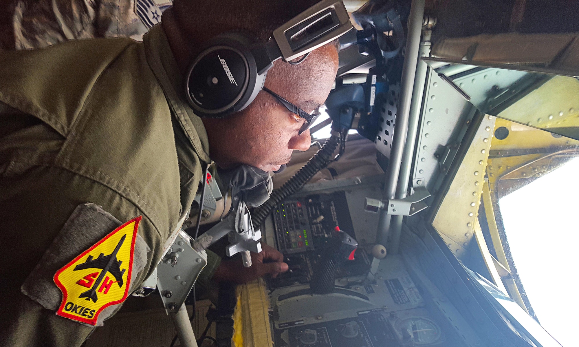 Citizen Airman Tech. Sgt. Bobby Jackson, a 465th Air Refueling Squadron boom operator from Tinker Air Force Base, Okla., refuels an F-15C Eagle flying out of RAF Lakenheath, England, July 19, 2017. In a long-standing total force partnership between Air Force Reserve Command and U.S. Air Forces in Europe, members of the 507th Air Refueling Wing are augmenting the 100th Air Refueling Wing here to provide KC-135R air refueling support to the European theater of operations, July 1-29. (U.S. Air Force photo/Maj. Jon Quinlan)