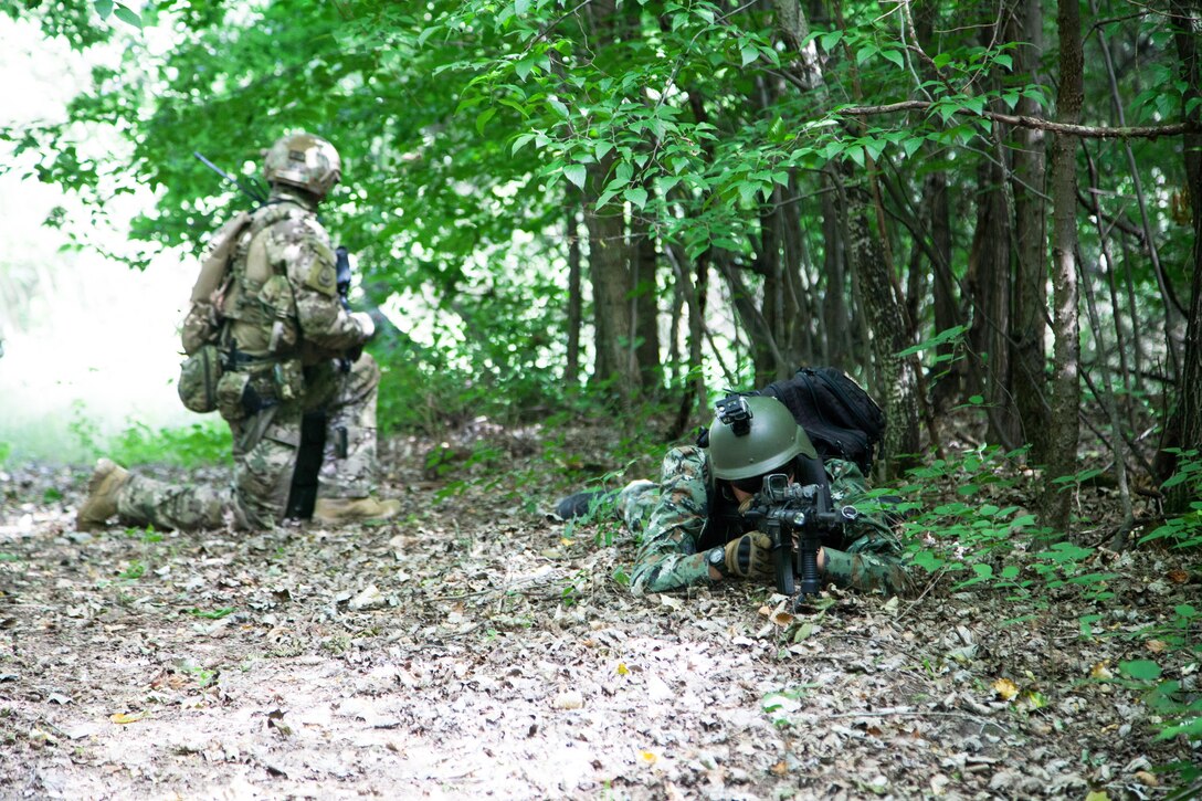 Hungarian and Macedonian special operations forces provide security during exercise Black Swan in Szolnok, Hungary, July 21, 2017. Black Swan was a Hungarian-led special operations forces exercise held in locations across Bulgaria, Hungary and Romania, June 26-July 22, 2017. 