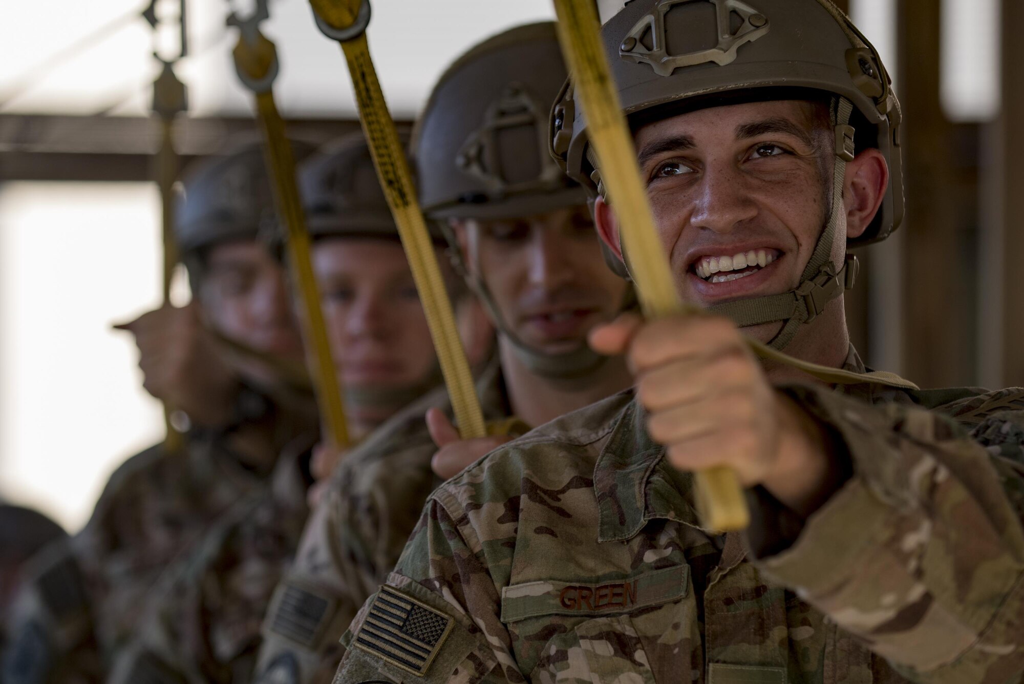 Staff Sgt. Sjon Green, 820th Combat Operations Squadron parachute rigger, practices the inflight procedures of a static-line jump, July 21, 2017, at Moody Air Force Base, Ga. This training was in preparation for an upcoming mission readiness exercise where airmen serve as an airborne advanced team, with the mission to create an initial presence and clear a path for follow-on forces to arrive on scene. (U.S. Air Force photo by Airman 1st Class Daniel Snider)