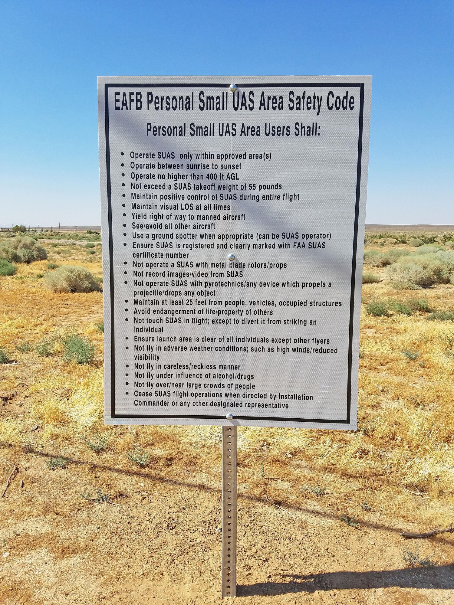 The User’s Safety Code is posted at the new Edwards AFB Personal Small UAS Area. (U.S. Air Force photo by Ed Buclatin)