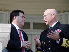 ASUNCIÓN, Paraguay -- Paraguayan President Horacio Cartés and U.S. Navy Adm. Kurt W. Tidd, commander of U.S. Southern Command, meet at the Palacio de los López to discuss defense cooperation efforts. Tidd is in Paraguay to meet the nation's leaders and to engage with senior regional security officials during the annual Fuerzas Comando multinational special operations skills competition. (Photo by Jose Ruiz, SOUTHCOM Public Affairs)
