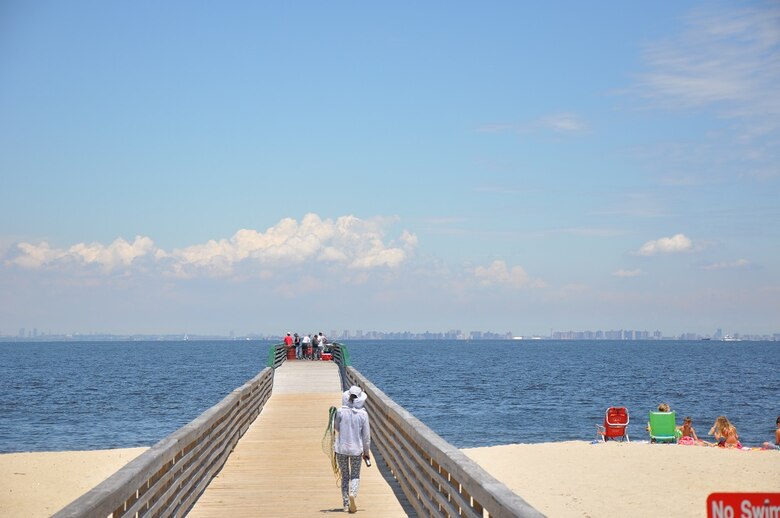 The Port Monmouth, New Jersey  shoreline was built up and widened and a fishing pier extended as part of the Port Monmouth Flood Risk Management Project in Port Monmouth, New Jersey. 