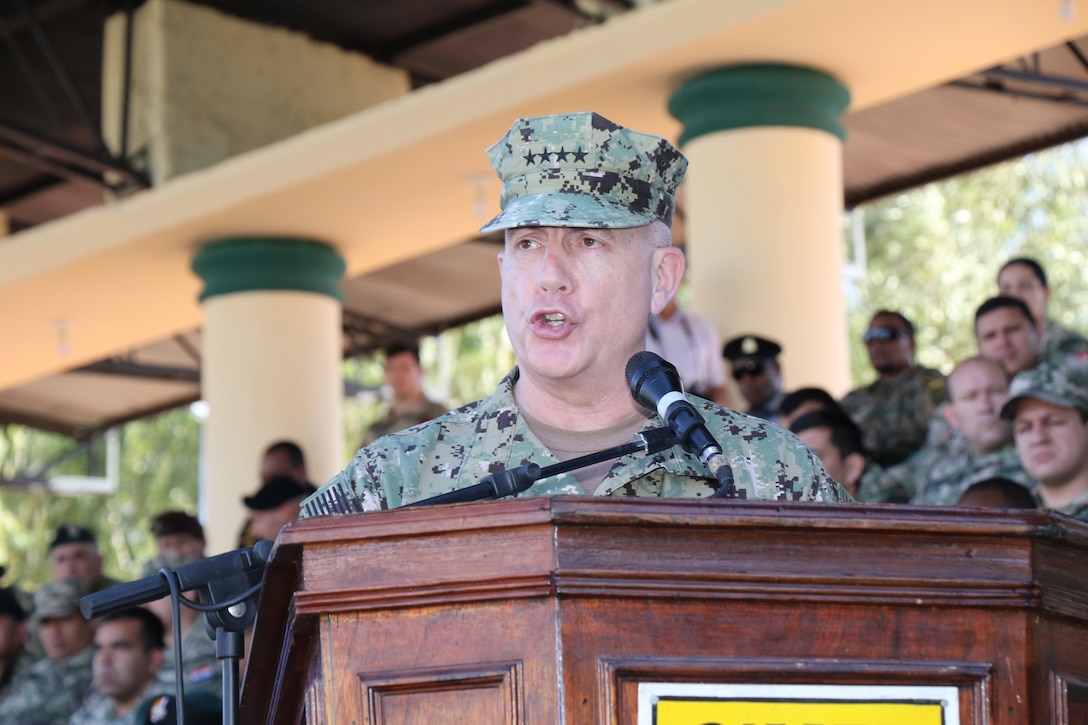 ASUNCIÓN, Paraguay (July 27, 2017) -- U.S. Navy Adm. Kurt W. Tidd, commander of U.S. Southern Command, speaks during the closing ceremony of Fuerzas Comando 2017. Tidd is in Paraguay to meet the nation's leaders and to engage with senior regional security officials during the annual Fuerzas Comando multinational special operations skills competition. (Photo by Jose Ruiz, SOUTHCOM Public Affairs)