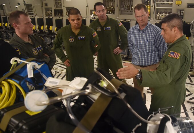 Lt. Gov. of South Carolina Kevin Bryant, talks to Airmen of the 315th Aeromedical Evacuation Squadron during a tour of a C-17 Globemaster III as part of a visit here, July 26. Bryant toured Joint Base Charleston to meet and thank military and civilian first responders for their service to the country and their efforts to support the local community. Bryant toured a C-17 Globemaster III, the installation fire department and received hands-on equipment familiarization from 628th Civil Engineer Squadron explosive ordinance disposal team Airmen. (U.S. Air Force photo by Staff Sgt. Christopher Hubenthal)