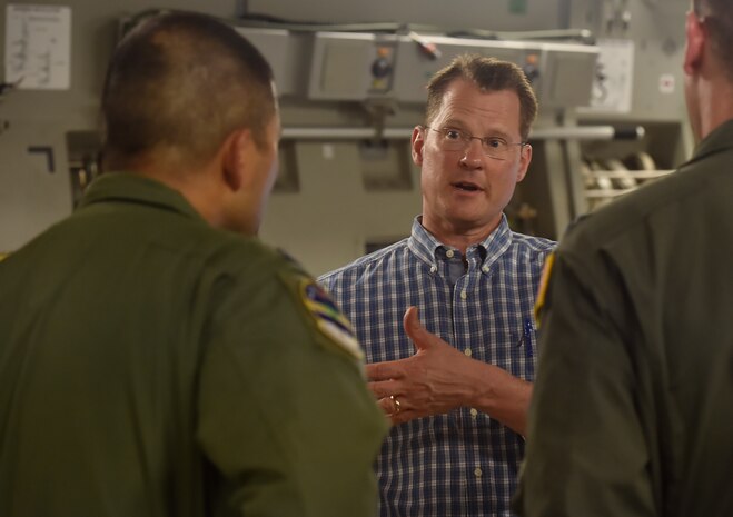 Lt. Gov. of South Carolina Kevin Bryant, center, talks to Airmen of the 315th Aeromedical Evacuation Squadron during a tour of a C-17 Globemaster III as part of a visit here, July 26. Bryant toured Joint Base Charleston to meet and thank military and civilian first responders for their service to the country and their efforts to support the local community. Bryant toured a C-17 Globemaster III, the installation fire department and received hands-on equipment familiarization from 628th Civil Engineer Squadron explosive ordinance disposal team Airmen. (U.S. Air Force photo by Staff Sgt. Christopher Hubenthal)