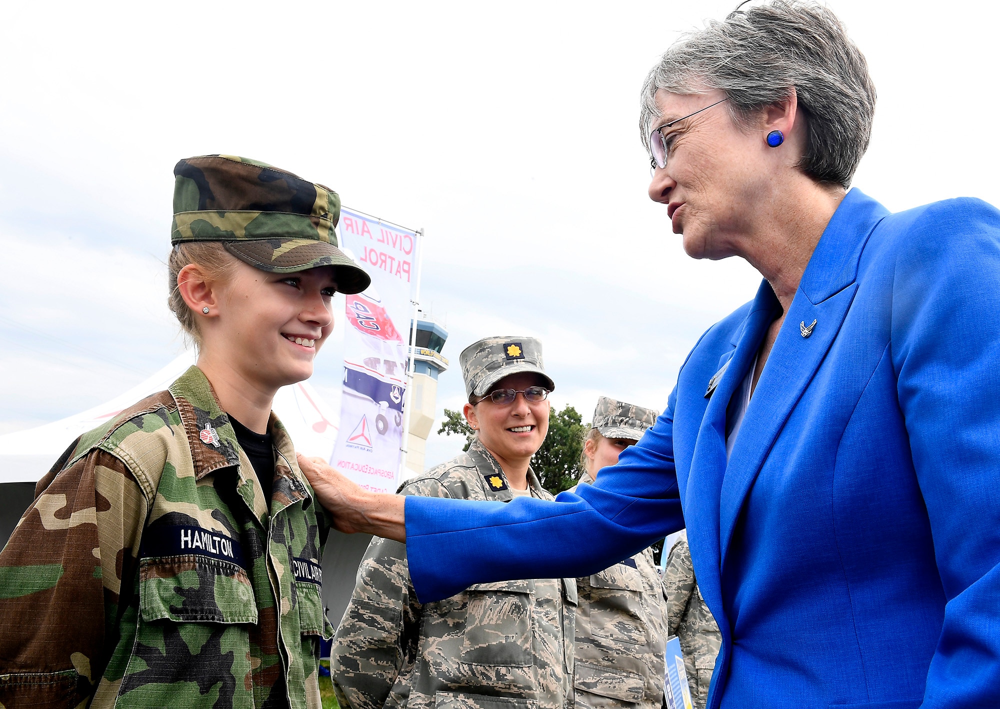 Secretary of the Air Force Heather Wilson encourages Wisconsin Civil Air Patrol Cadet Hamilton at the Experimental Aircraft Association's AirVenture 2017 in Oshkosh, Wisc., July 26, 2017.  (U.S. Air Force photo/Scott M. Ash)