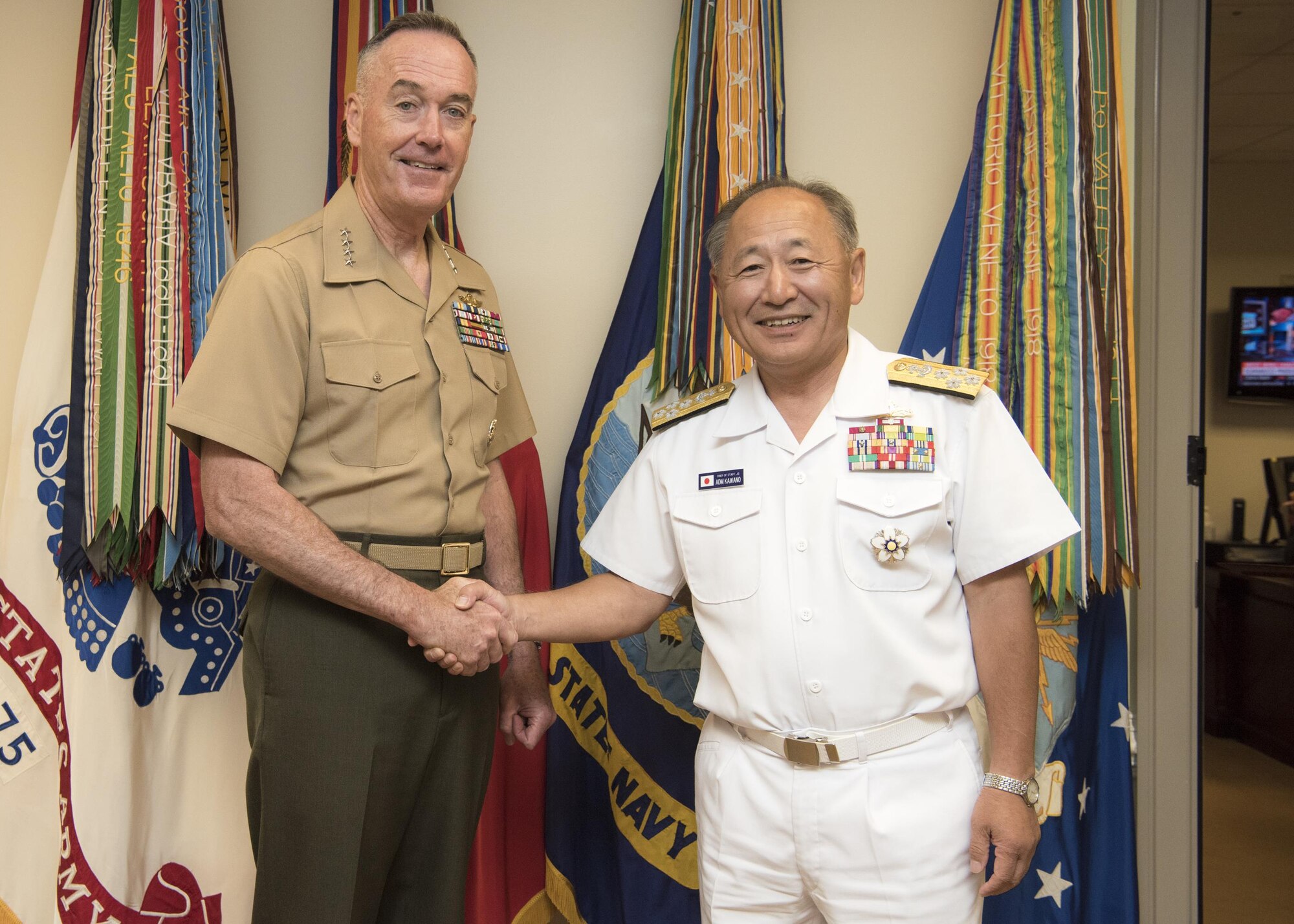 Marine Corps Gen. Joseph F. Dunford Jr., chairman of the Joint Chiefs of Staff, meets with his Japan counterpart Adm. Katsutoshi Kawano, Chief of Staff of the Japan Self-Defense Forces, at the Pentagon, July 27, 2017. 