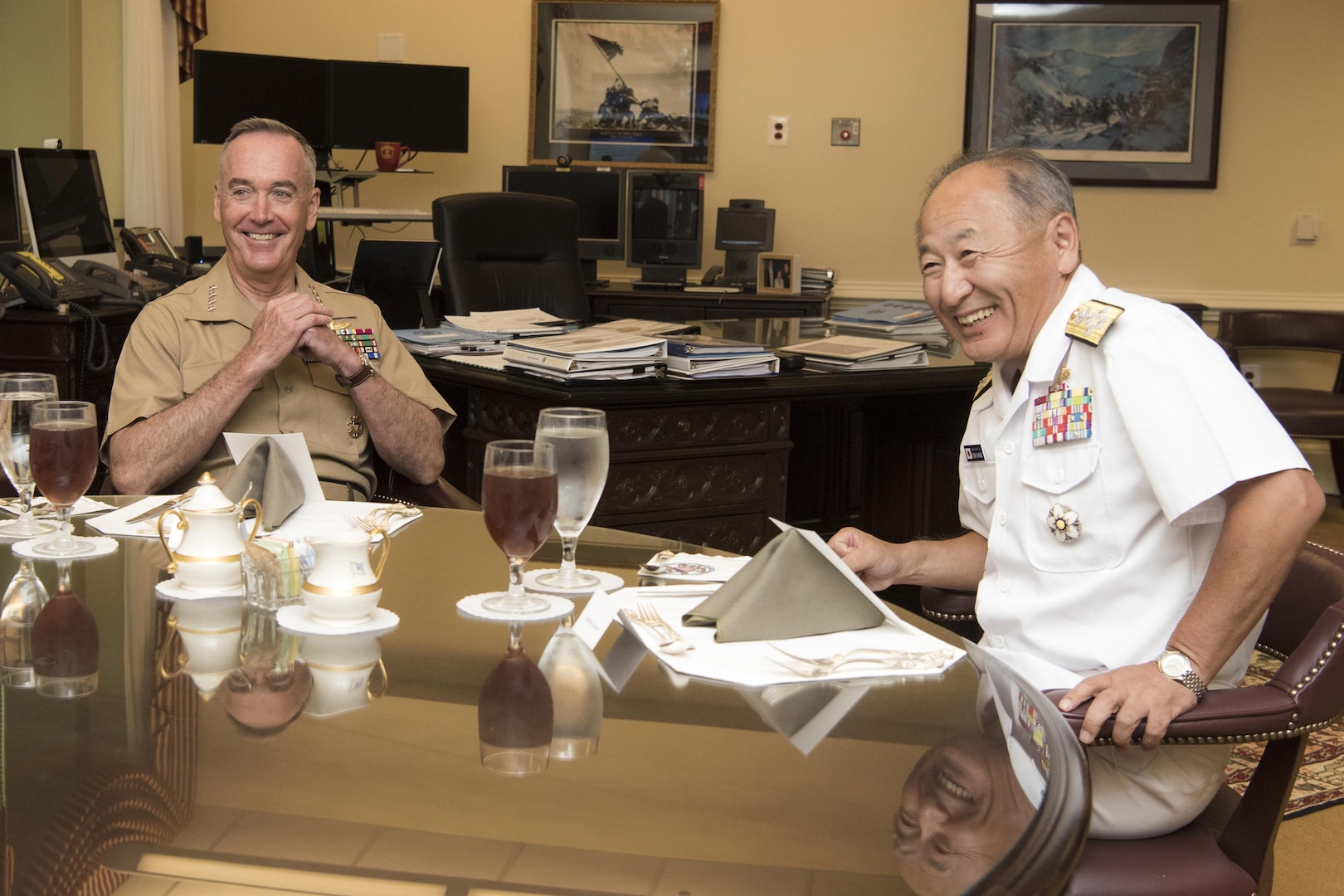 Marine Corps Gen. Joseph F. Dunford Jr., chairman of the Joint Chiefs of Staff, meets with his Japan counterpart Adm. Katsutoshi Kawano, Chief of Staff of the Japan Self-Defense Forces, at the Pentagon, July 27, 2017. 