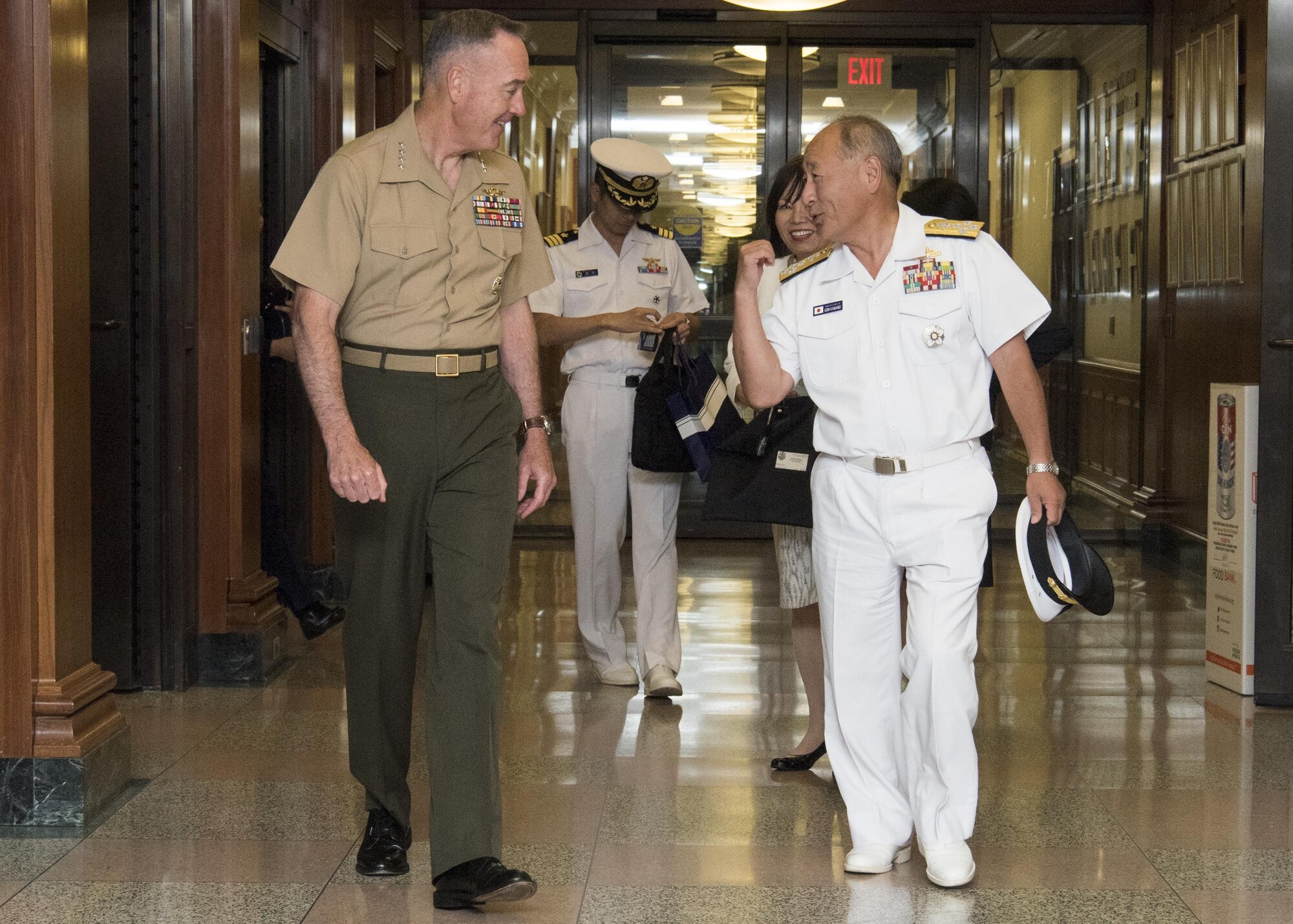 Marine Corps Gen. Joseph F. Dunford Jr., chairman of the Joint Chiefs of Staff, meets with his Japan counterpart Adm. Katsutoshi Kawano, Chief of Staff of the Japan Self-Defense Forces, at the Pentagon, July 27, 2017. 