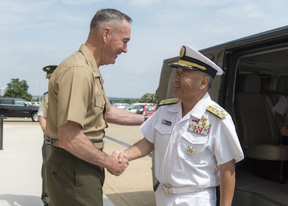 Marine Corps Gen. Joseph F. Dunford Jr., chairman of the Joint Chiefs of Staff, meets with his Japan counterpart Adm. Katsutoshi Kawano, Chief of Staff of the Japan Self-Defense Forces, at the Pentagon, July 27, 2017. 