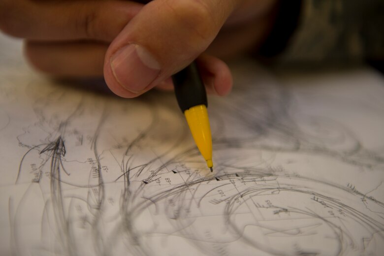 An Airman with the 23rd Special Operations Weather Squadron works on a streamline chart during on-the-job training at Hurlburt Field, Fla., July 25, 2017. The 23rd SOWS weather flight analyzes weather data and trends before passing their analysis to the base, playing a crucial role in protecting the people and assets on Hurlburt Field in the case of inclement weather. Streamline charts are used to find hotspots indicating favorable or unfavorable weather. (U.S. Air Force photo by Staff Sgt. Victor J. Caputo) 