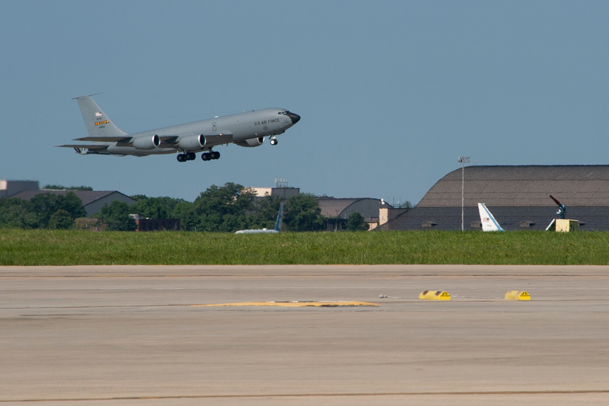 A 459th Air Refueling Wing KC-135R Stratotanker takes off from the Joint Base Andrews, Maryland, airfield during and exercise July 16, 2017. The exercise tested the unit's ability to rapidly deploy multiple aircraft within minutes. (U.S. Air Force photo/Tech. Sgt. Kat Justen)