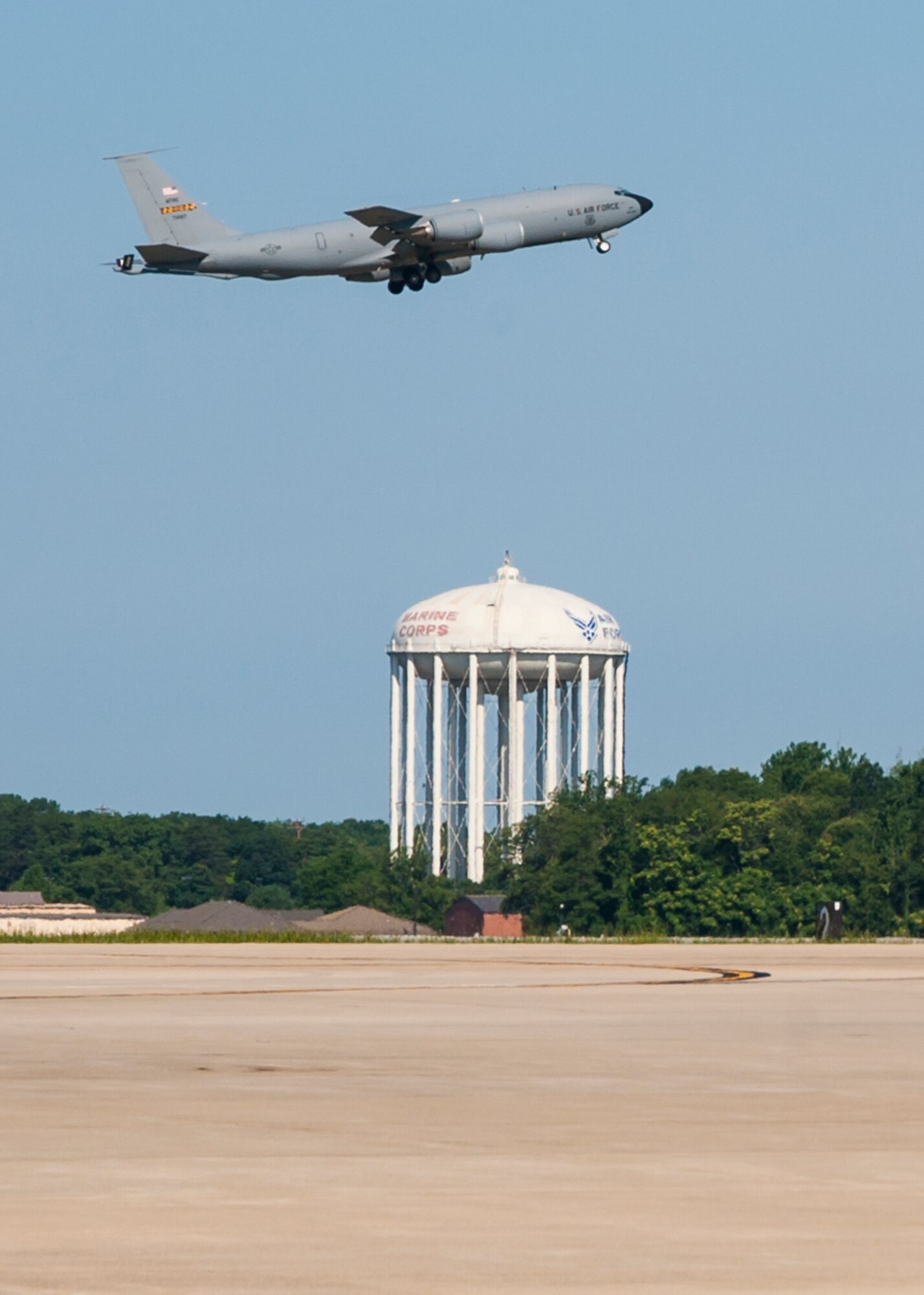 A 459th Air Refueling Wing KC-135R Stratotanker takes off from the Joint Base Andrews, Maryland, airfield during and exercise July 16, 2017. The exercise tested the unit's ability to rapidly deploy multiple aircraft within minutes. (U.S. Air Force photo/Tech. Sgt. Kat Justen)