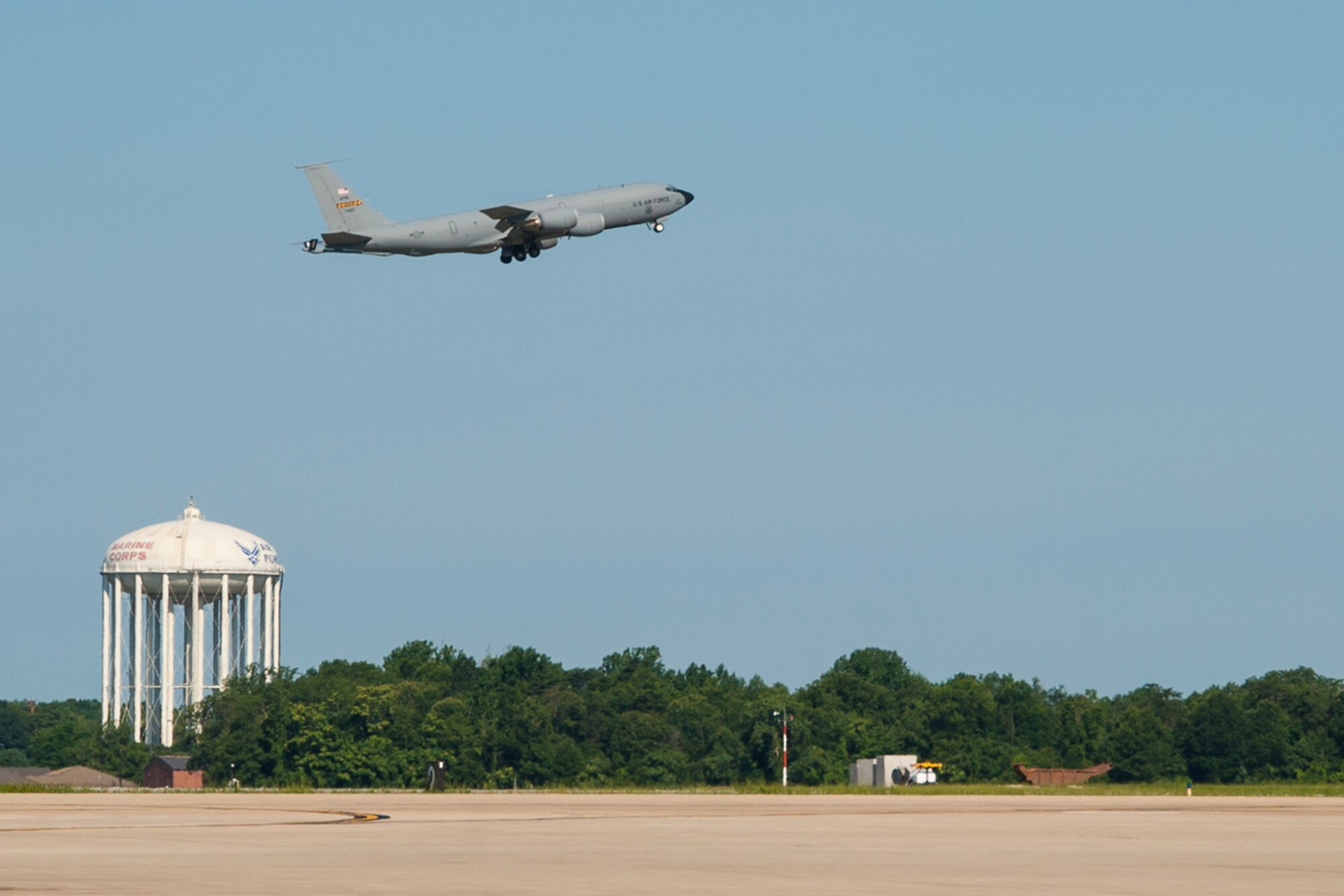 A 459th Air Refueling Wing KC-135R Stratotanker takes off from the Joint Base Andrews, Maryland, airfield during and exercise July 16, 2017. The exercise tested the unit's ability to rapidly deploy multiple aircraft within minutes. (U.S. Air Force photo/Tech. Sgt. Kat Justen)