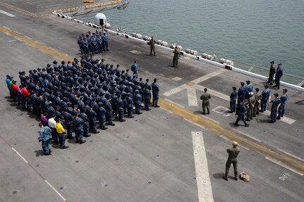 170725-N-DC740-0034
SAN DIEGO (July 25, 2017) Commander, Naval Air Forces Vice Adm. Mike Shoemaker delivers remarks during the presentation of the Admiral James H. Flatley Memorial Award to air and safety department Sailors aboard the amphibious assault ship USS Makin Island (LHD 8).  Makin Island and the 11th Marine Expeditionary Unit received the award for excellence in aviation safety.  Makin Island is homeported in San Diego, and is preparing for an upcoming maintenance availability. (U.S. Navy photo by Mass Communication Specialist 1st Class John Hetherington)