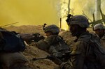 Soldiers from Charlie Company, 1st Battalion 69 Infantry Regiment , New York Army National Guard acting as an opposing force defend thier positions during the final battle of Exercise Talisman Saber at the Shoalwater Bay Training Area, Queensland, Australia on July 19, 2017. ( U.S. Army National Guard photo by Sgt. Michael Tietjen)