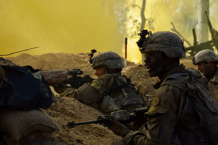 Soldiers from Charlie Company, 1st Battalion 69 Infantry Regiment , New York Army National Guard acting as an opposing force defend thier positions during the final battle of Exercise Talisman Saber at the Shoalwater Bay Training Area, Queensland, Australia on July 19, 2017. ( U.S. Army National Guard photo by Sgt. Michael Tietjen)