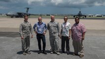 Peach Aviation Limited officials and U.S. Air Force 18th Operations Support Squadron airfield personnel stand for a group photo July 27, 2017, at Kadena Air Base. Peach Aviation executive vice president, José Oller, visited Kadena to personally thank flightline Airmen and contractors for their performance in handling a 12-aircraft diversion from Naha Airport.  Mr. Oller was a passenger aboard one of the flights that landed at Kadena. (U.S. Air Force photo by Staff Sgt. Peter Reft)