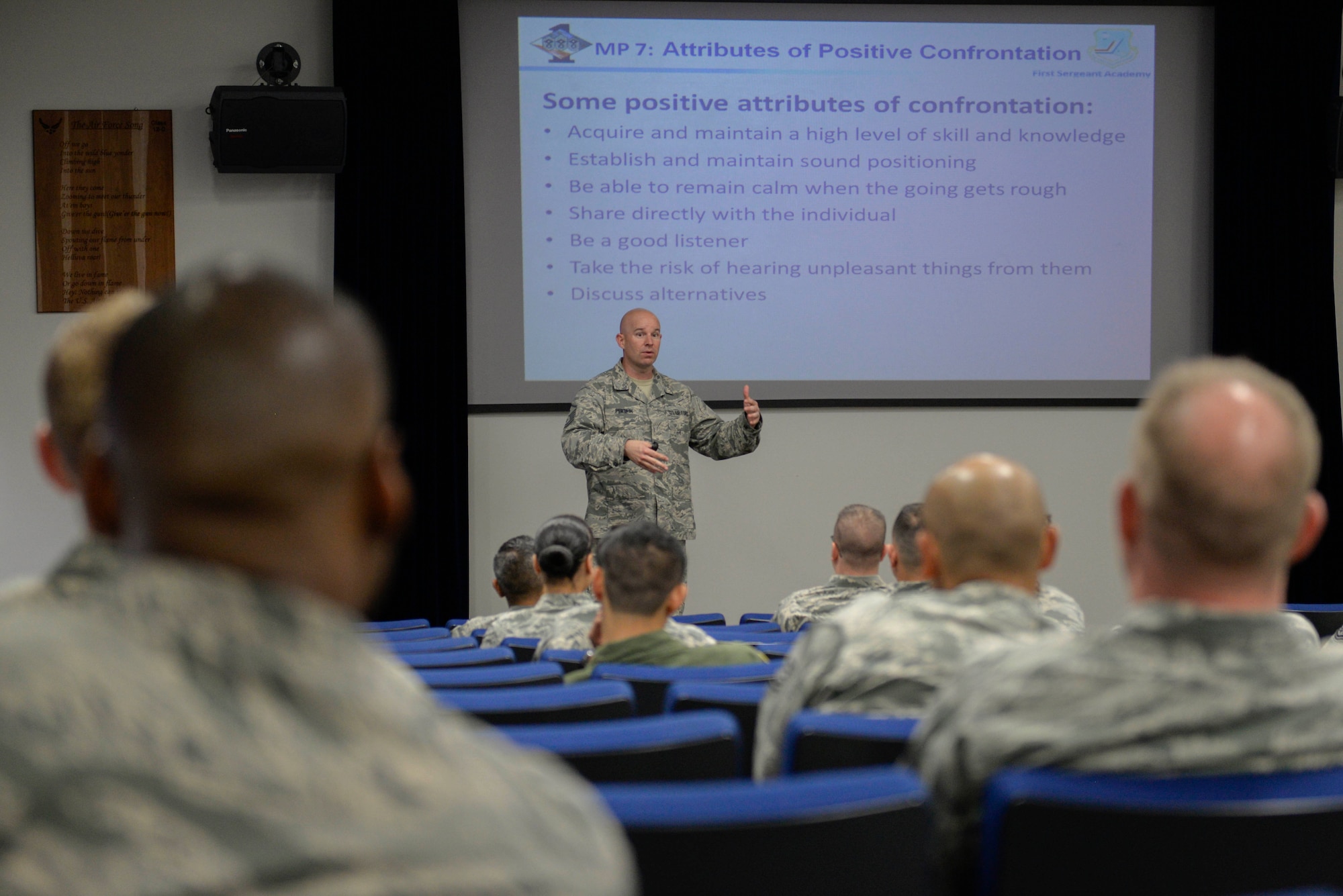Noncommissioned officers attend the annual First Sergeant Symposium, July 27, 2017, at Yokota Air Base, Japan. The four day course teaches NCOs about the responsibilities of what it means to be a first sergeant, whether they will be acting as one for an additional duty or will be wearing a diamond on their sleeve in the future.
