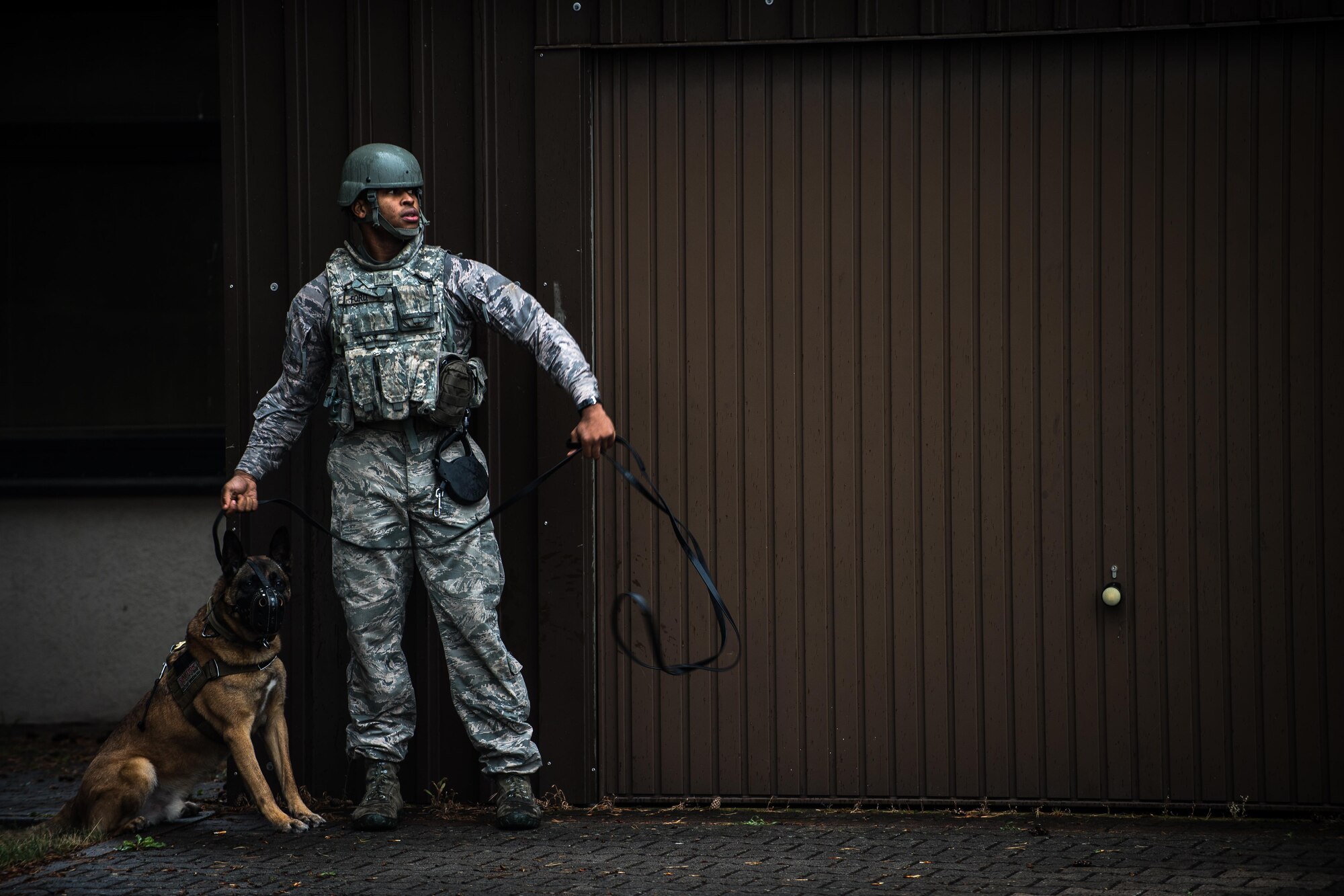 U.S. Air Force Staff Sgt. Patrick Ford, 86th Security Forces Squadron Military Working Dog handler, prepares to release Diesel, 86th SFS MWD, during confrontational management training at the 86th SFS training section on Ramstein Air Base, Germany, July 25, 2017. In the event of a riot, the K9 unit will be attached to the confrontational management teams as another line of defense. (U.S. Air Force photo by Senior Airman Devin Boyer)