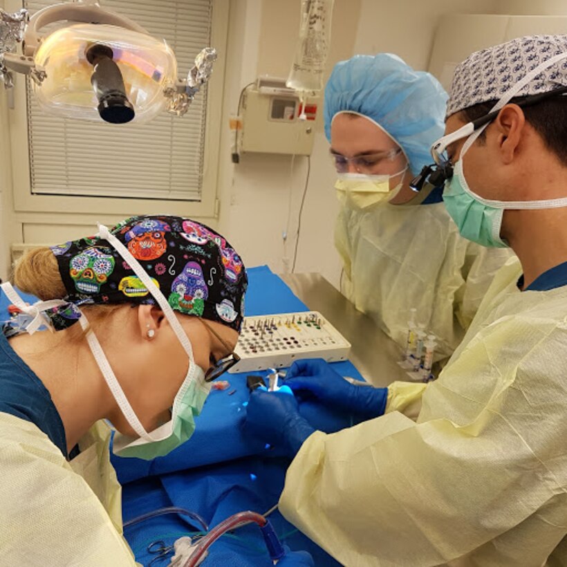 A dental rapid response team works to quickly repair dental trauma at Landstuhl Regional Medical Center, Germany, Mar. 1, 2017. If the bone that holds a tooth becomes injured, it has a time sensitive window before it collapses. If the bone collapses, it takes 24 to 26 months to repair. However, if treated in time, the bone can repair in six months. (Courtesy photo)