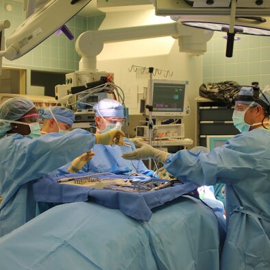 A dental rapid response team works to quickly repair dental trauma at Landstuhl Regional Medical Center, Germany. The 86th Dental Squadron and LRMC team up their skills and resources to cut recovery time for dental trauma patients by 75 percent. (Courtesy photo)