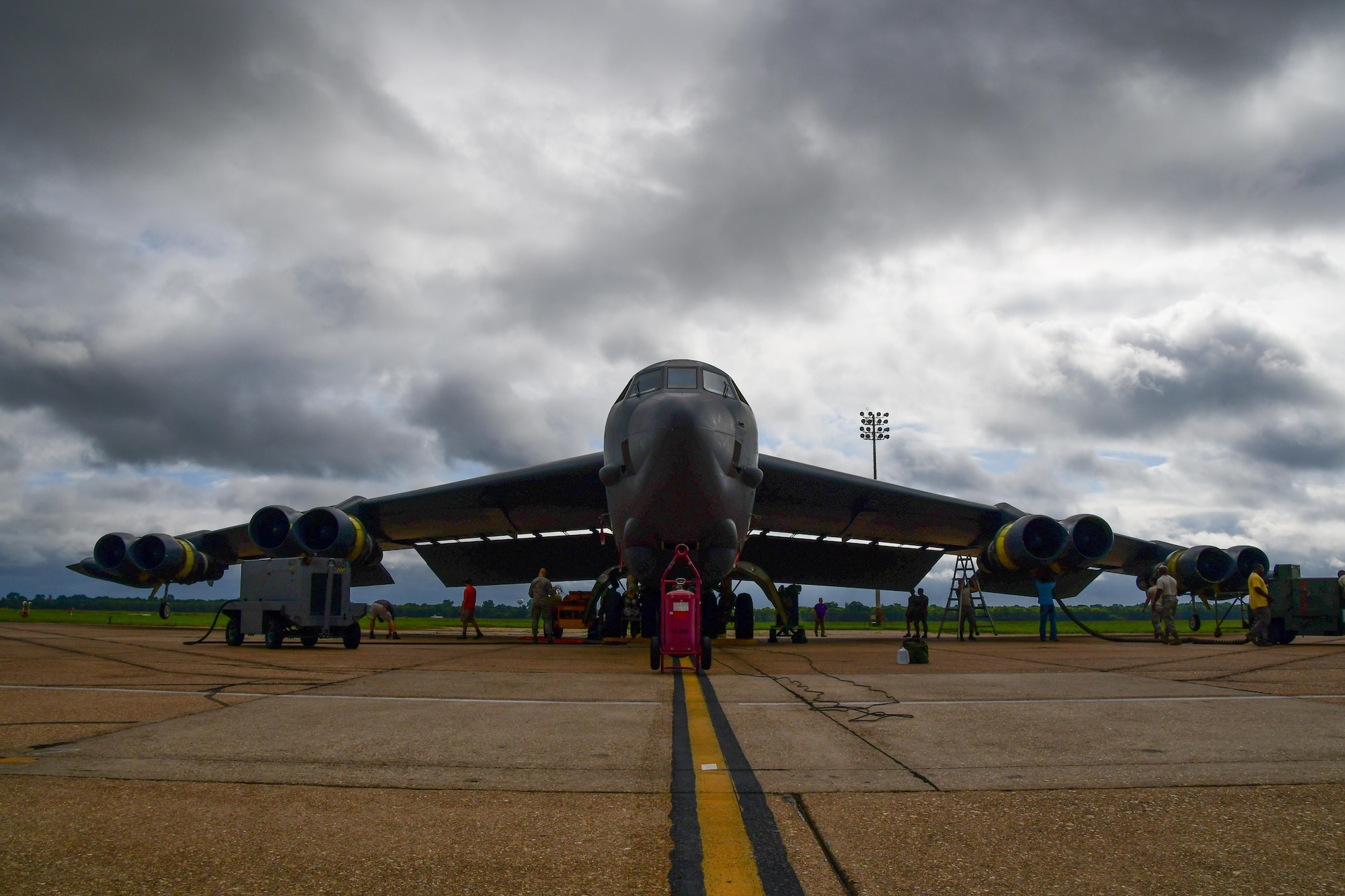 Airmen assigned to the 307th Maintenance Squadron prepare a B-52 Stratofortress for an engine run during a phase inspection of the bomber on Barksdale Air Force Base, La. June 29, 2017. It takes 19 different shops and around 25 days to complete the phase inspection with the engine run being one of the final parts. (U.S. Air Force photo by Master Sgt. Dachelle Melville/Released)