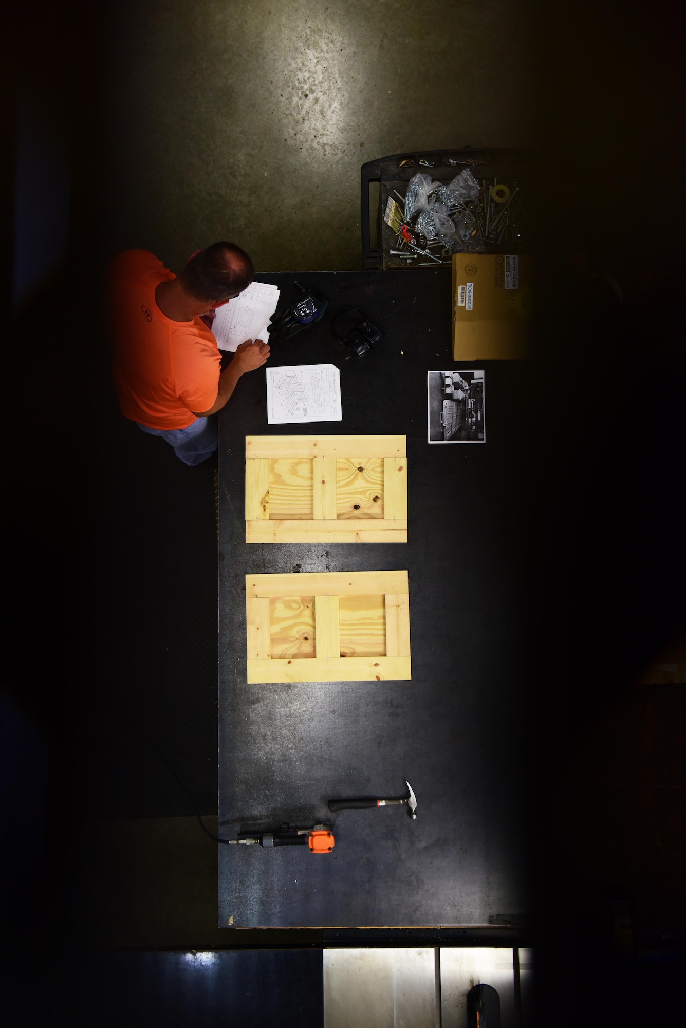 Charles Wellman, the 509th Logistics Readiness Squadron wood working supervisor, crafts new crates to house the B-2's tires at Whiteman Air Force Base, Mo., July 17, 2017. Wellman has been practicing wood work for nearly 36 years and has created new blue prints for the crates that might be used Air Force wide.
