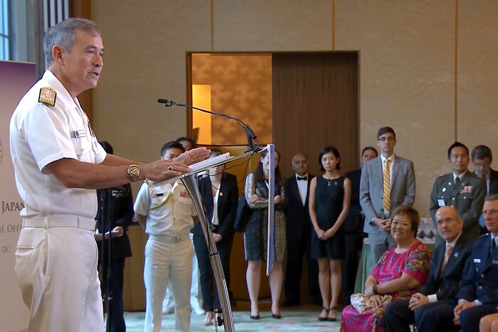 Navy Adm. Harry B. Harris Jr., commander of U.S. Pacific Command, speaks at  the 4th Japan-U.S. Military Statesmen Forum in Washington, D.C., July 28, 2017. Screen shot via defense.gov