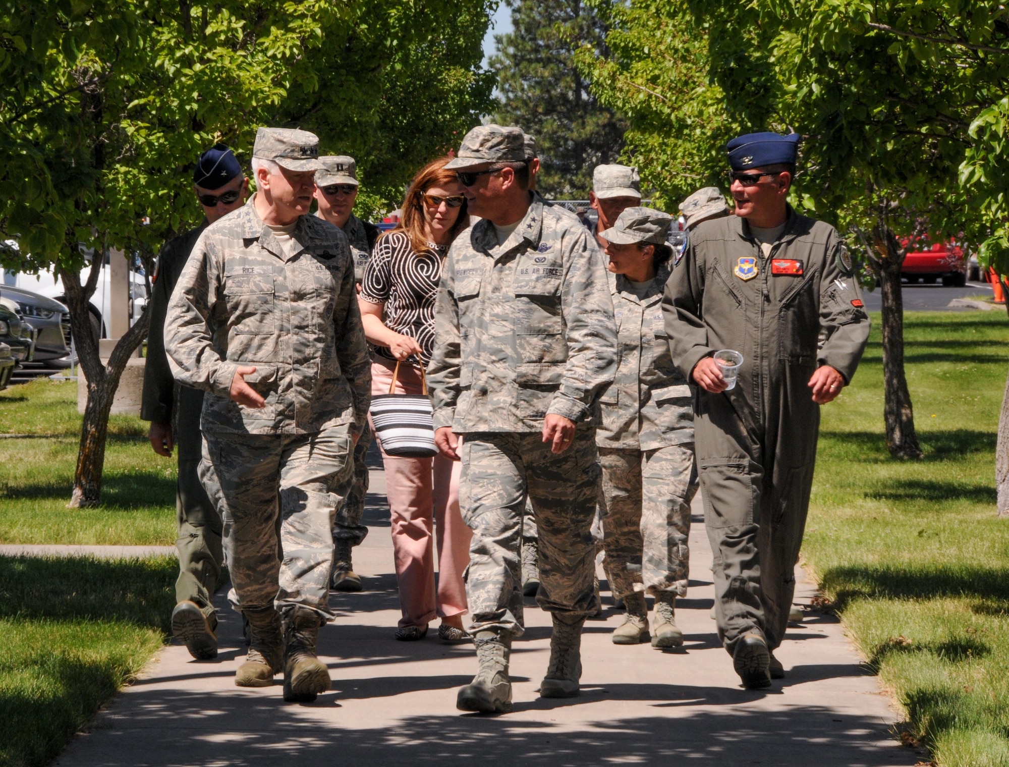 U.S. Air Force Lt. Gen. Scott Rice, Director of the Air National Guard, Maj. Gen. Michael Stencel, Adjutant General, Oregon, Col. Jeffrey Smith, Commander 173rd Fighter Wing, and distinguished visitors walk towards the flight line during Sentry Eagle, July 22, 2017, at Kingsley Field in Klamath Falls, Oregon. The Sentry Eagle exercise was conducted simultaneously with an open house event open to the public. (U.S. Air National Guard photo by Staff Sgt. Penny Snoozy)
