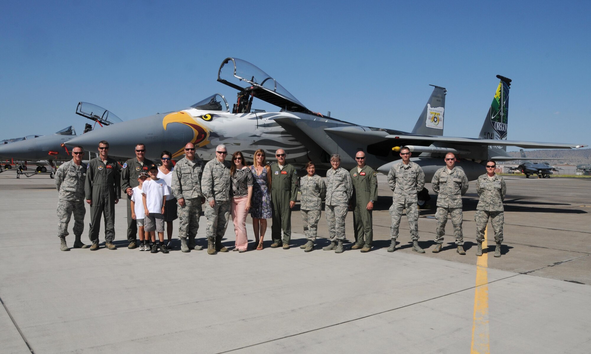 Oregon Air National Guard leadership and the Director of the Air National Guard, Lieutenant General Scott Rice, pose for a group photo in front of a U.S. Air Force F-15 Eagle from the 173rd Fighter Wing during the Sentry Eagle Open House held July 22, 2017 at Kingsley Field in Klamath Falls, Oregon.  Sentry Eagle is a four day large force exercise that brings together different aircraft and units from around the country for dissimilar air combat training.  Additionally, the wing opens its gates to the public for a day during their biennial open house.  (U.S. Air National Guard photo by Master Sgt. Jennifer Shirar)