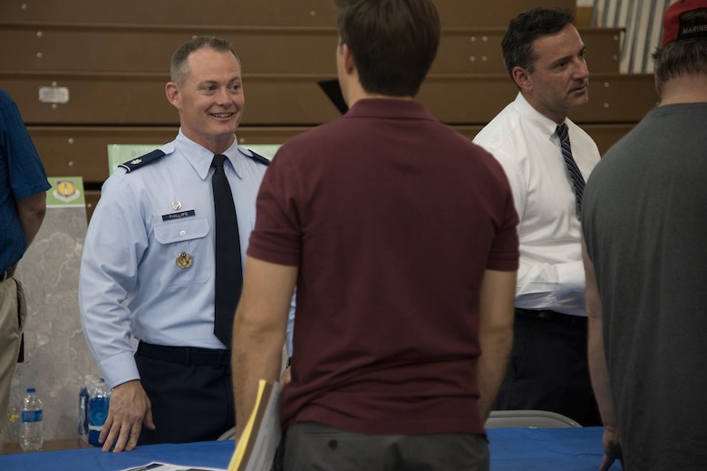 FOUNTAIN, Colo. – Lt. Col. Landon Phillips, 21st Civil Engineer Squadron commander, and Fred Brooks, 21st CES environmental chief, answer community members questions during an open house at Janitell Junior High School, July 25, 2017, Fountain, Colo. The open house was one of several community engagements between 21st Space Wing leadership, Air Force Civil Engineer Center and the Colorado Springs community on the release of the site inspection report on the perfluorooctane sulfonate and perfluorooctanoic acid contamination released that day. (U.S. Air Force photo by Staff Sgt. Tiffany Lundberg)