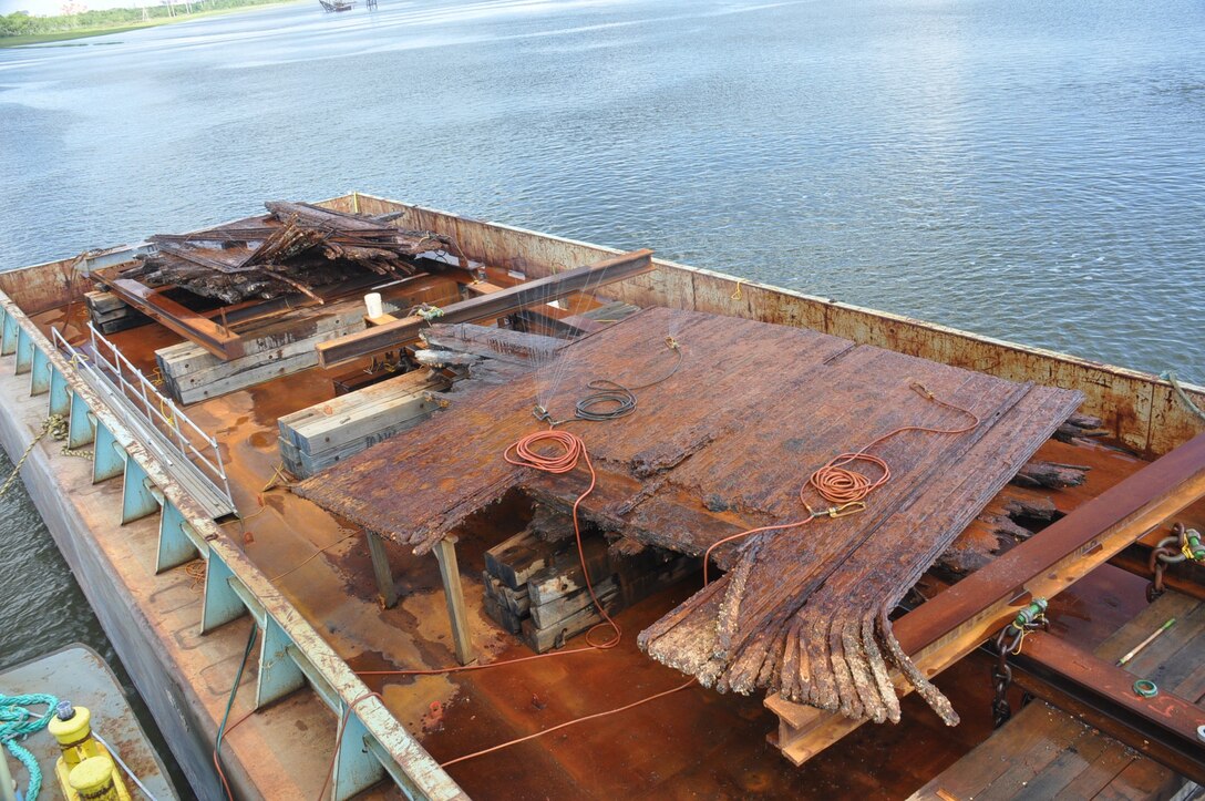 A view of the CSS Georgia's west casemate (foreground) and east casemate during mechanized recovery July 12, 2017. 