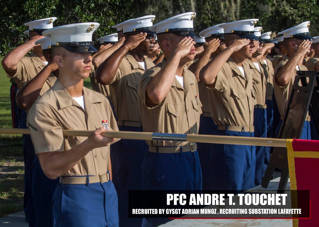 Private First Class Andre T. Touchet graduated Marine Corps recruit training July 28, 2017, aboard Marine Corps Recruit Depot Parris Island, South Carolina. Touchet is the Honor Graduate of platoon 3053. Touchet was recruited by Gunnery Sgt. Adrian Munoz from Recruiting Substation Lafayette. (U.S. Marine Corps photo by Lance Cpl. Jack A. E. Rigsby)