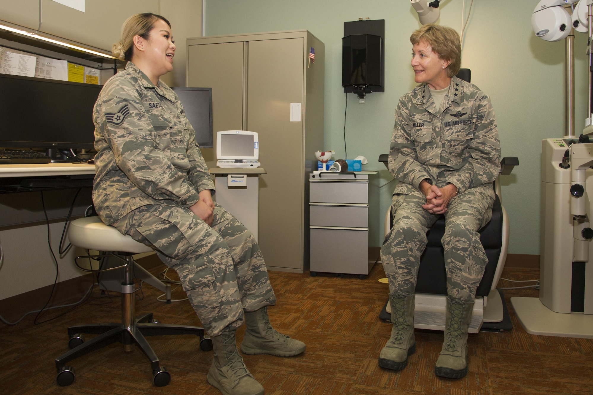 Staff Sgt. Cathy Saetern, 940th Aerospace Medicine Squadron medical technician, speaks with Lt. Gen. Maryanne Miller, Air Force Reserve Command commander and Chief of the Air Force Reserve, July 15, 2017, at Beale Air Force Base, California. Saetern was one of the reservists recognized by her unit and given the opportunity to meet with Miller and tell her about what she does in her unit. (U.S. Air Force photo by Senior Airman Tara R. Abrahams)